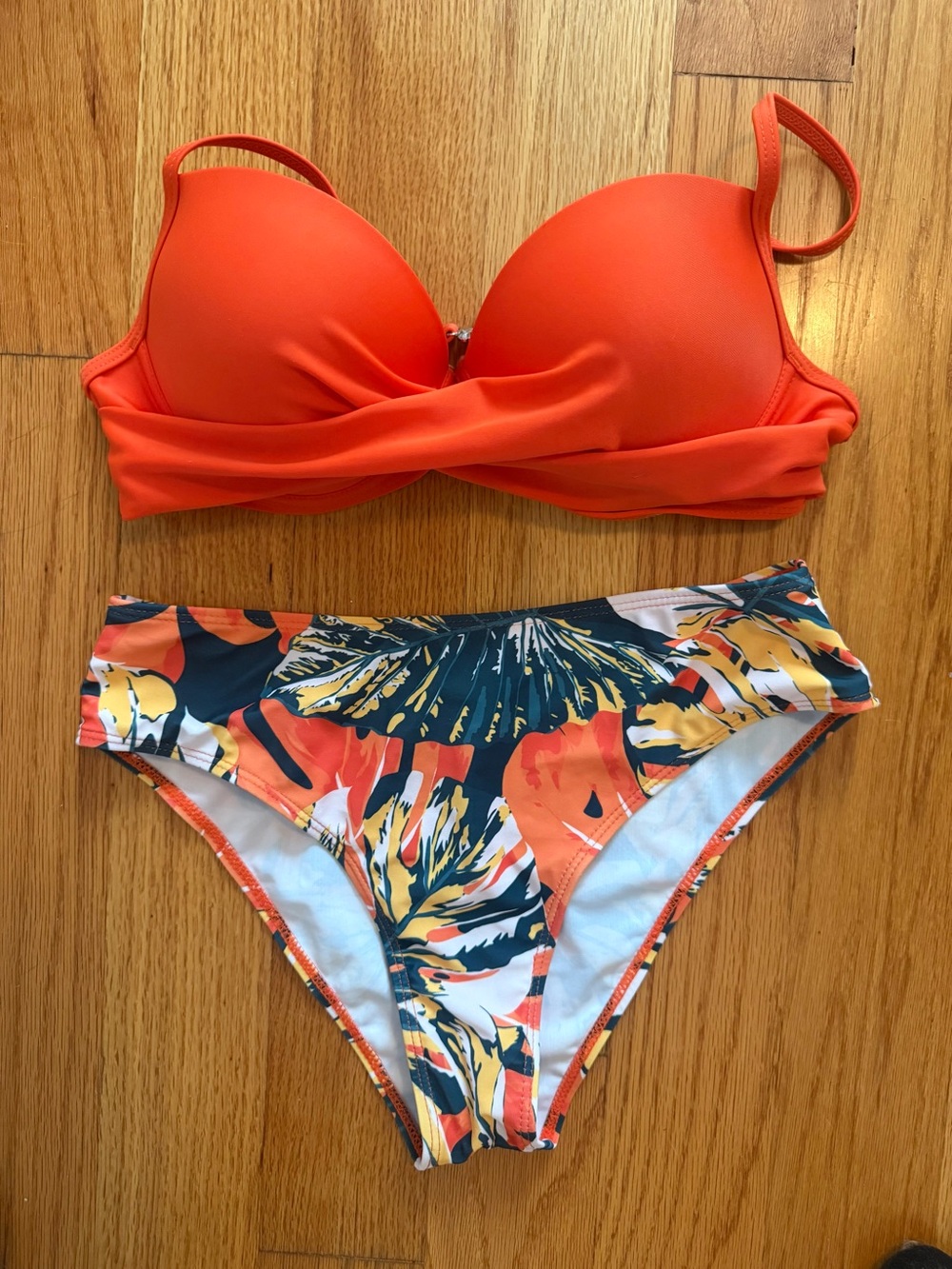 Women’s Orange Twist Bikini Set - Floral High-Waist Bottom sheer cover up NWOT